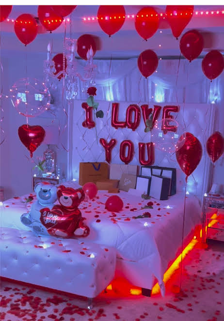 Romantic Red And White Room Decoration With Balloons And Led Lights For Love Surprise - anniversary room decoration by ARV Decor