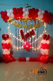 Romantic Red And White Anniversary Balloon Decor With Lights Backdrop - anniversary room decoration by ARV Decor