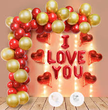 Romantic Red And Gold Balloon Arch Decoration With I Love You Letters - anniversary room decoration by ARV Decor