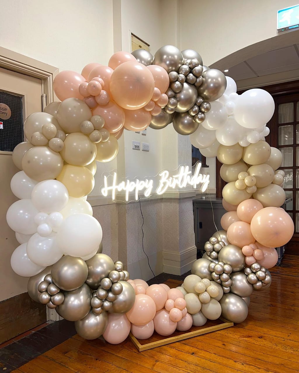 Modern Neutral Balloon Arch Birthday Backdrop With Gold And Peach Balloons - birthday decoration by ARV Decor