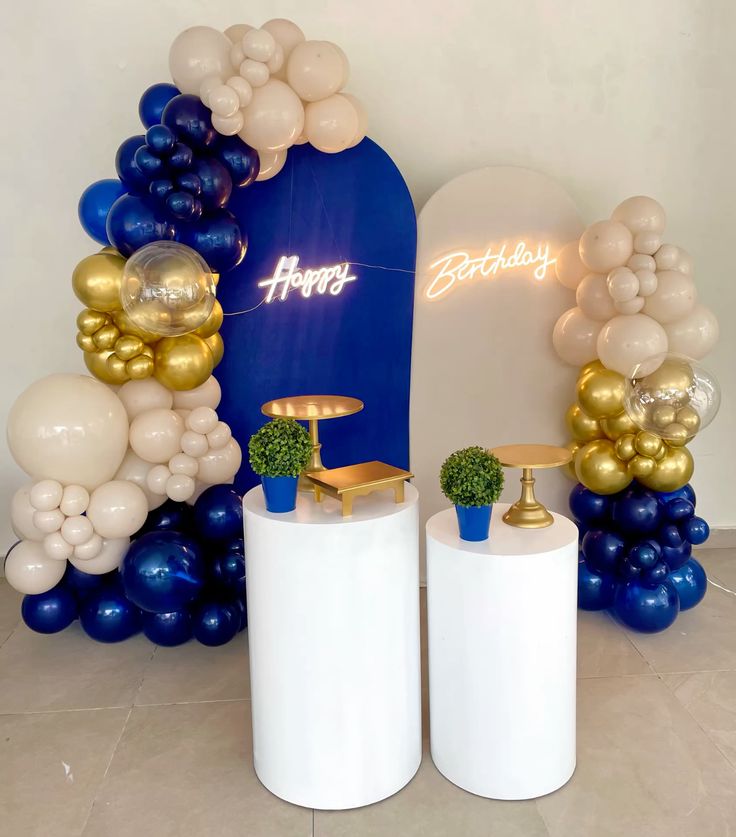 Blue And Gold Modern Balloon Birthday Backdrop With Neon Sign - birthday decoration by ARV Decor