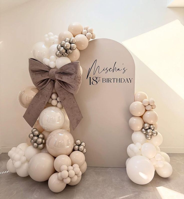 Modern Cream And Silver 18th Birthday Backdrop With Balloon Garland - birthday decoration by ARV Decor