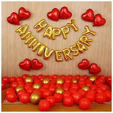 Red And Gold Anniversary Decoration With Balloon Letters And Heart Balloons - anniversary room decoration by ARV Decor