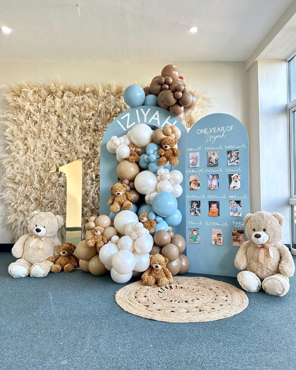 Blue And Beige Teddy Bear First Birthday Decor With Balloon Arch And Pampas Wall - birthday decoration by ARV Decor