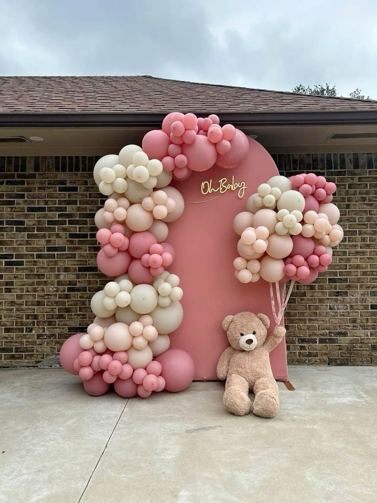 Modern Pink And Cream Baby Shower Backdrop With Balloon Garland And Neon Oh Baby Sign - welcome baby decoration by ARV Decor