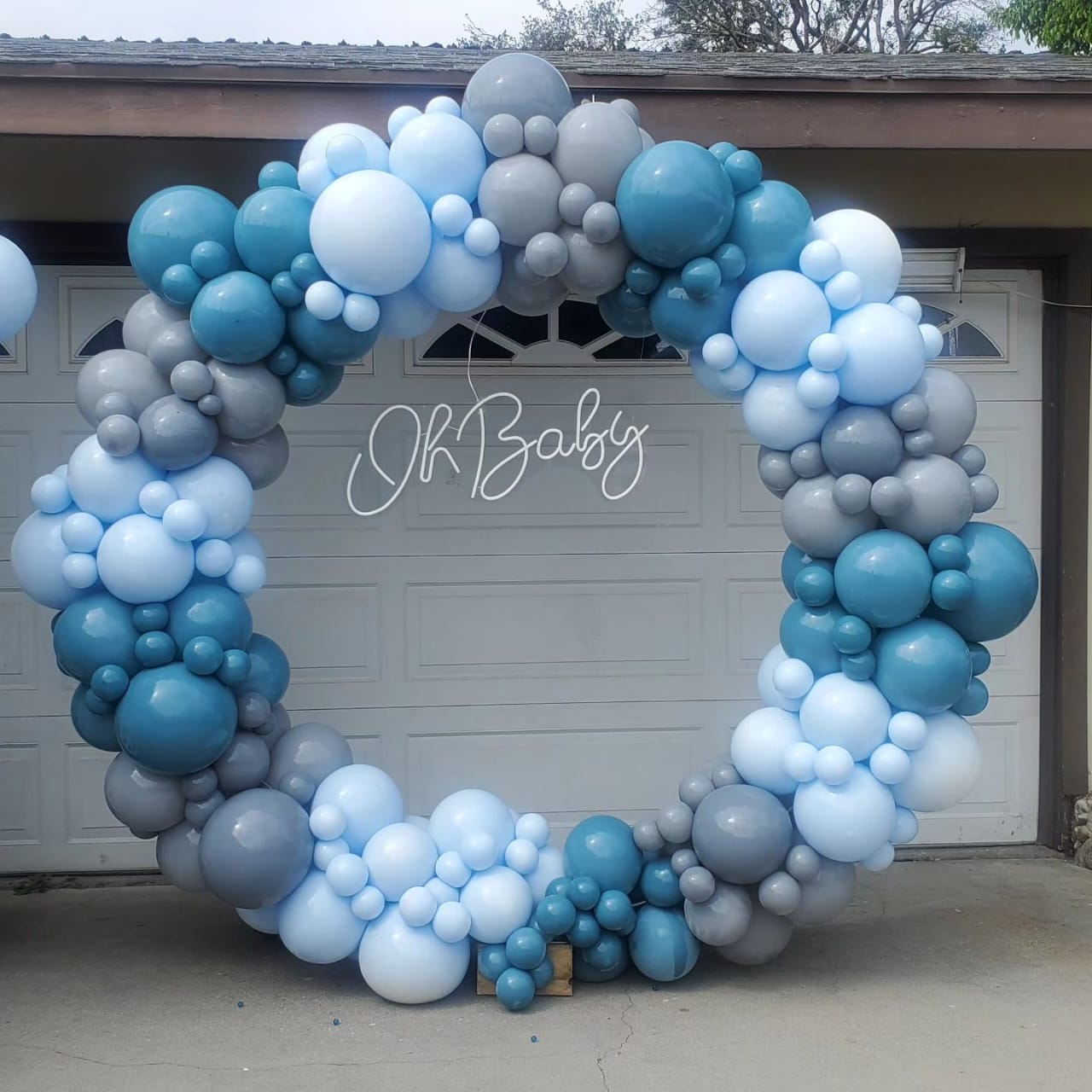 Blue And Gray Baby Shower Balloon Arch With Oh Baby Sign - welcome baby decoration by ARV Decor