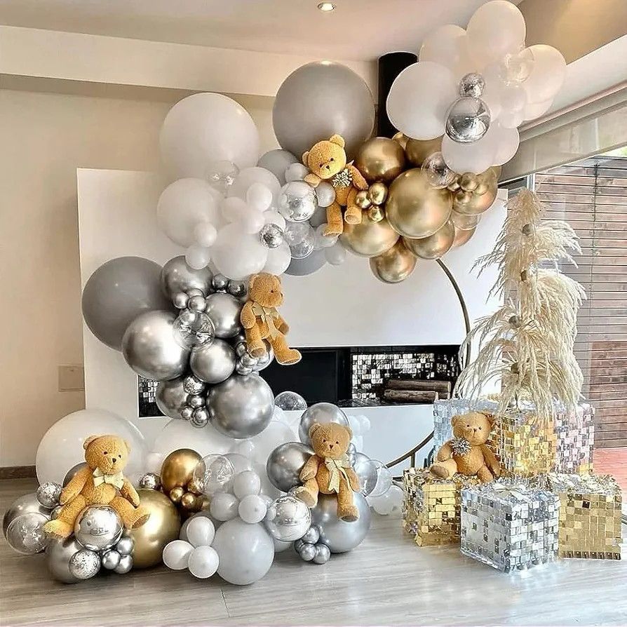 Luxury White Silver And Gold Balloon Arch Baby Shower With Teddy Bear Props - welcome baby decoration by ARV Decor