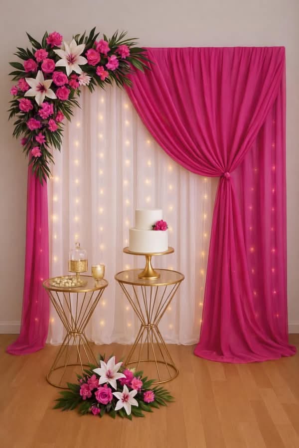 Elegant Pink And Gold Floral Anniversary Backdrop With Cake Table - anniversary room decoration by ARV Decor