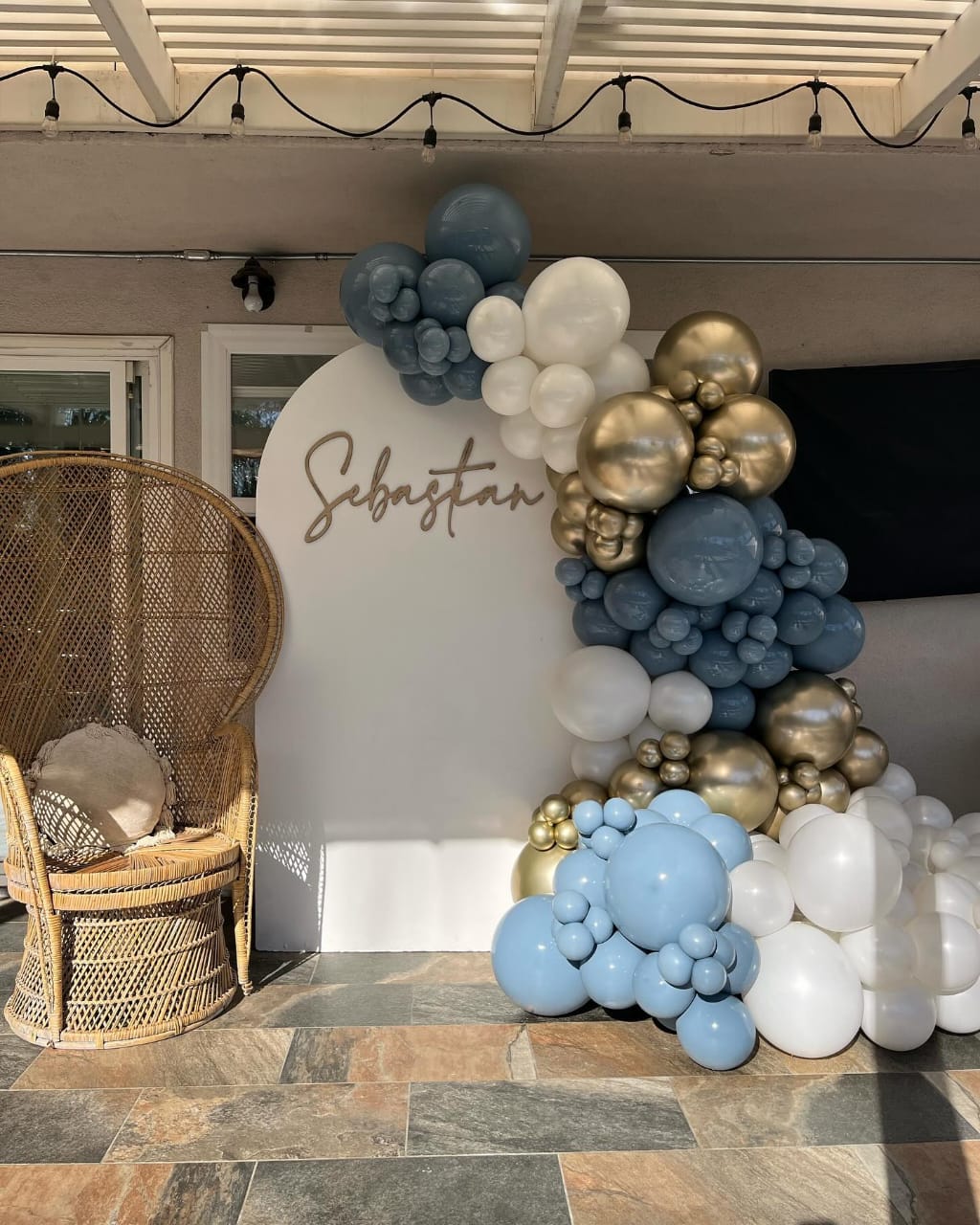 Modern Blue White And Gold Balloon Garland Kids Birthday Backdrop - birthday decoration by ARV Decor