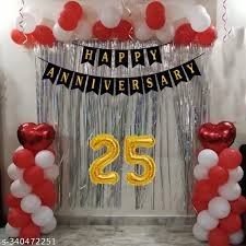 25th Anniversary Red And White Balloon Decor With Gold Number Backdrop - anniversary room decoration by ARV Decor