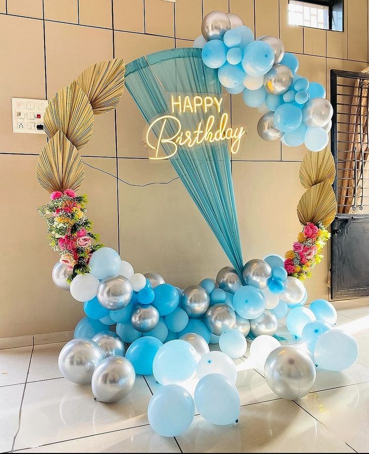 Blue And Silver Kids Birthday Balloon Arch With Neon Happy Birthday Sign - birthday decoration by ARV Decor