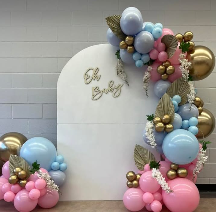 Modern Baby Shower Backdrop With Pink Blue And Gold Balloon Garland - welcome baby decoration by ARV Decor