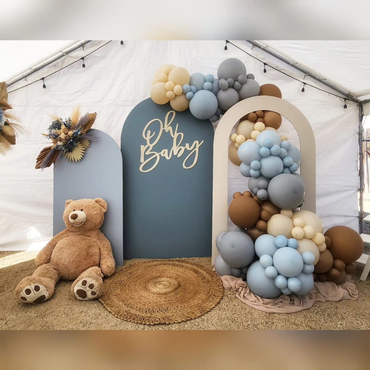 Modern Blue And Brown Baby Shower Backdrop With Balloons And Teddy Bear - welcome baby decoration by ARV Decor
