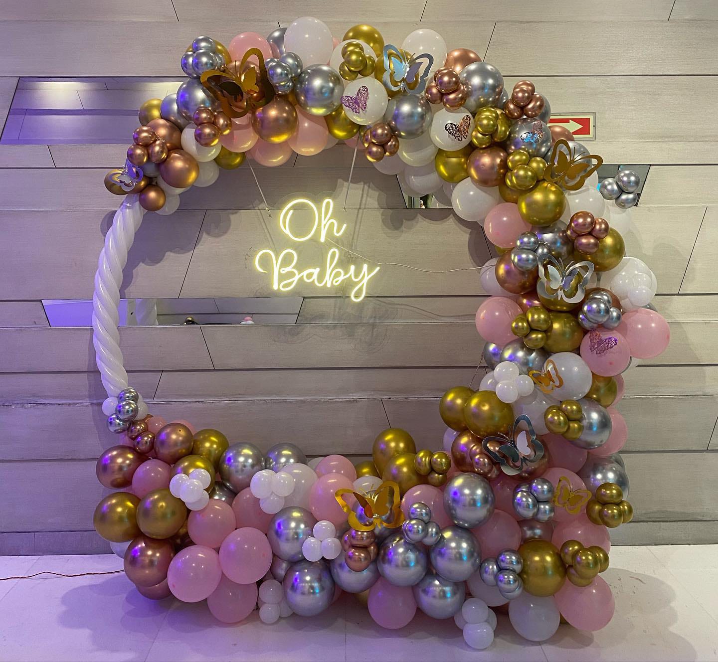 Modern Baby Shower Pink And Gold Balloon Arch With Neon Sign - welcome baby decoration by ARV Decor