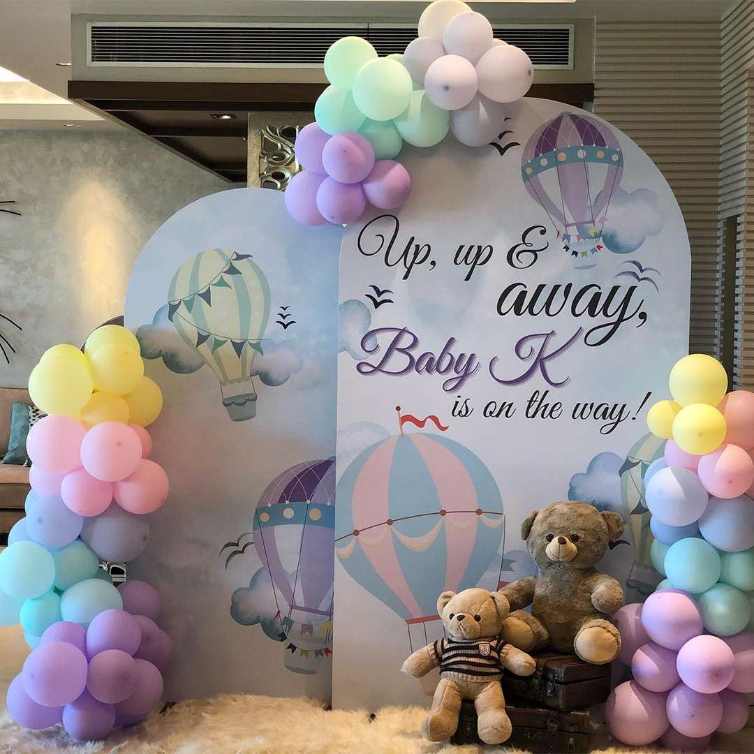 Pastel Baby Shower Decor With Hot Air Balloon Backdrop And Teddy Bears - welcome baby decoration by ARV Decor