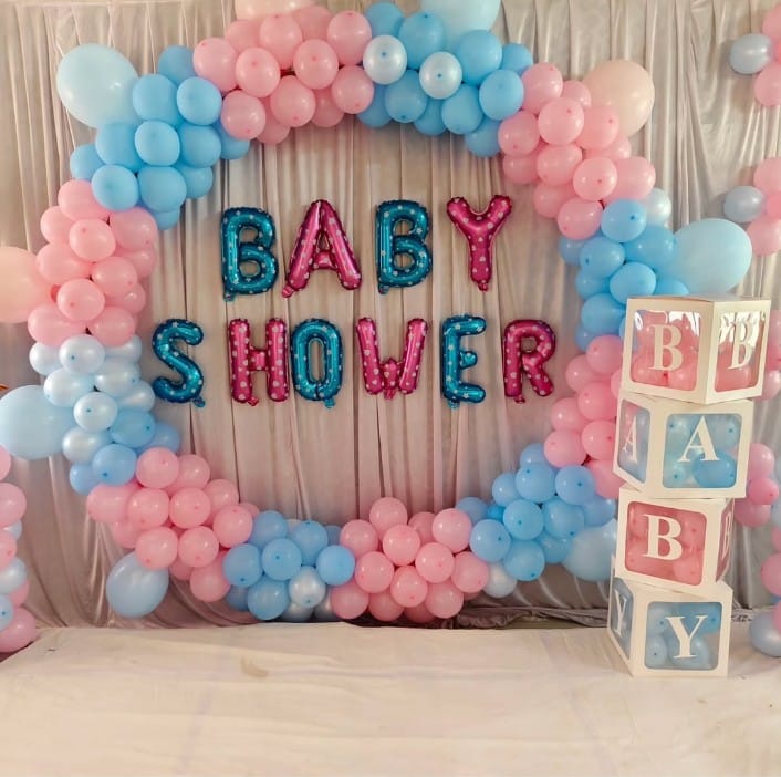 Pink And Blue Baby Shower Decor With Balloon Arch And Letter Blocks - welcome baby decoration by ARV Decor