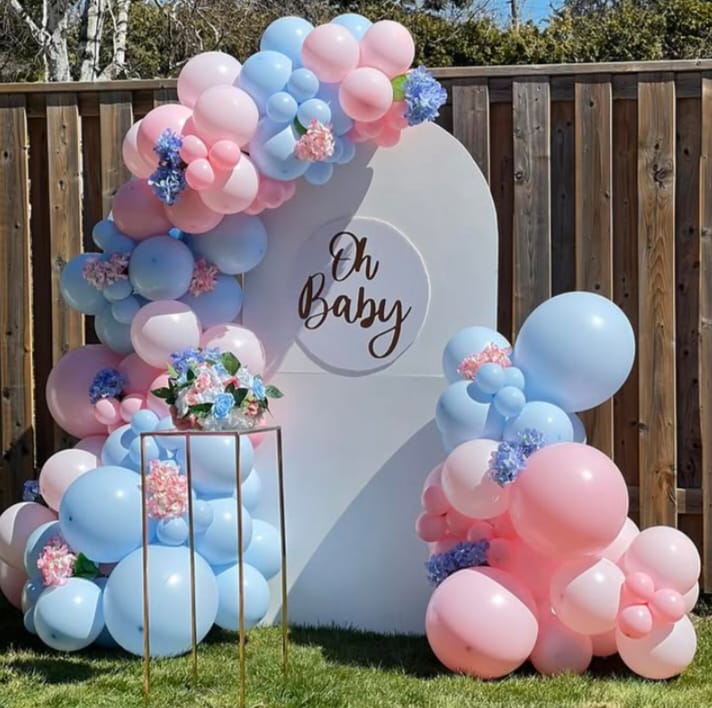 Pastel Pink And Blue Baby Shower Backdrop With Balloon Garland - welcome baby decoration by ARV Decor