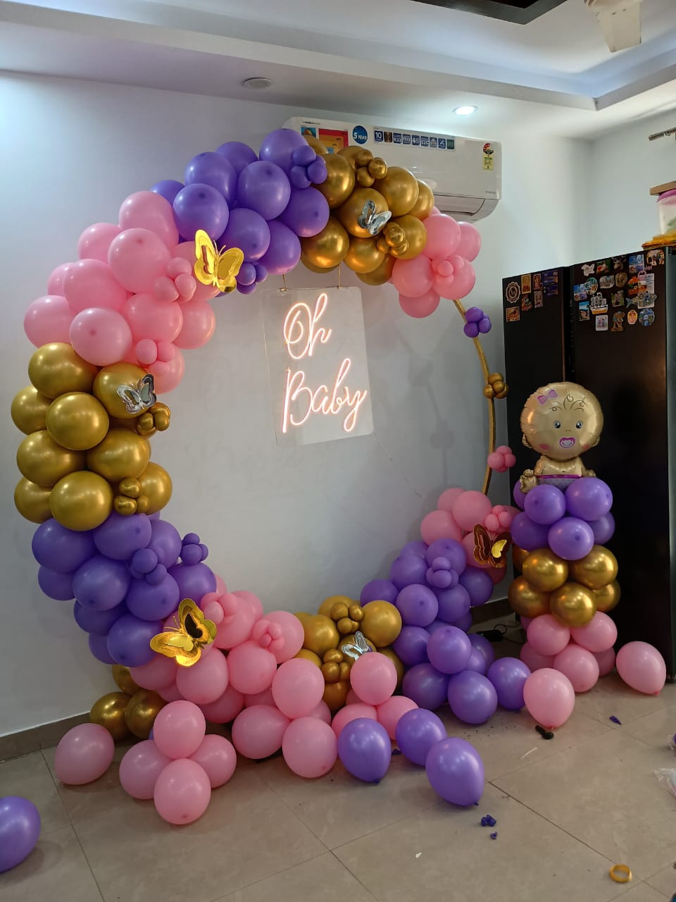 Baby Shower Pink Purple Gold Balloon Arch Setup With Neon Oh Baby Sign - welcome baby decoration by ARV Decor