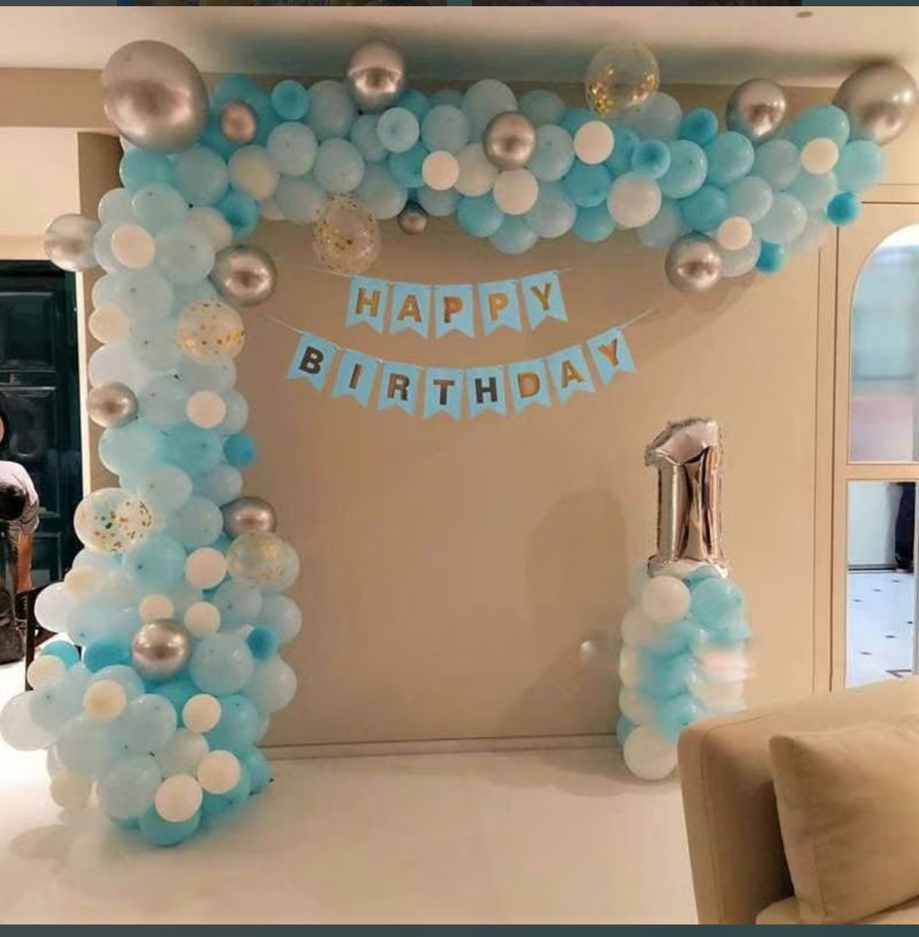 Blue And White Kids Birthday Balloon Arch With Silver Number 1 And Happy Birthday Banner - birthday decoration by ARV Decor