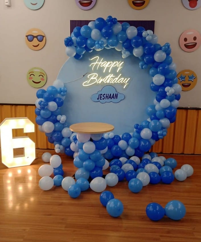 Blue And White Kids Birthday Backdrop With Balloon Arch And Neon Sign - birthday decoration by ARV Decor