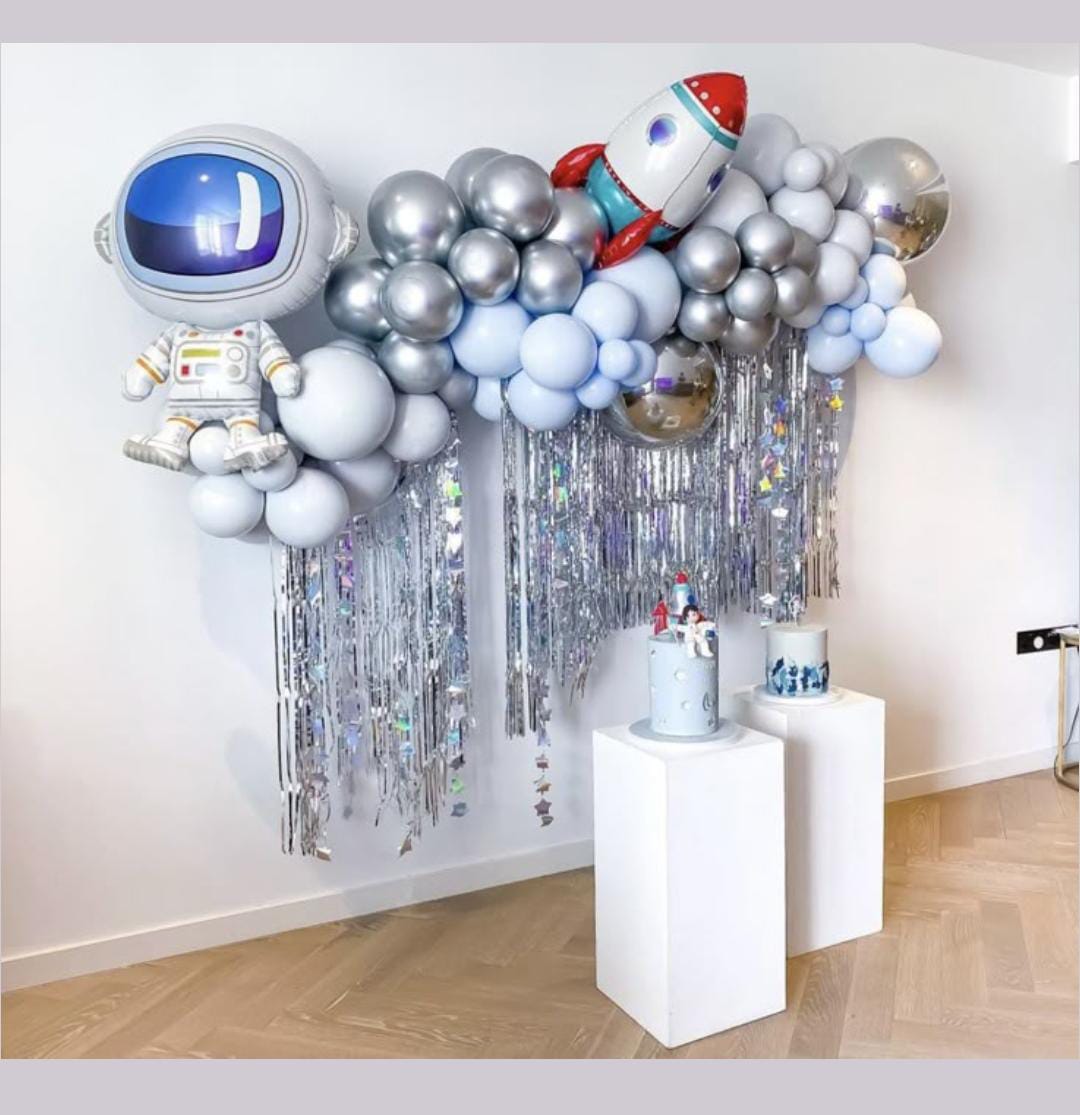 Space Themed Kids Birthday Decor With Silver And Blue Balloon Garland - birthday decoration by ARV Decor