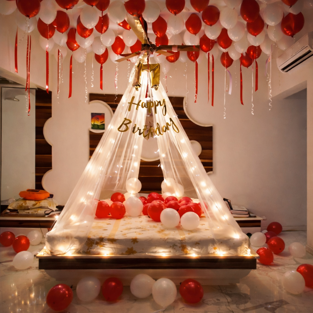 Romantic Red And White Birthday Room Decor With Balloon Ceiling And Canopy Lights - birthday decoration by ARV Decor