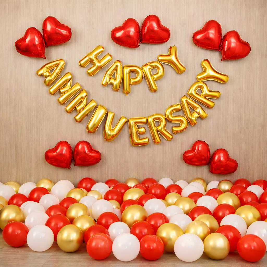 Anniversary Decor With Red And Gold Balloons And Foil Letter Garland - anniversary room decoration by ARV Decor