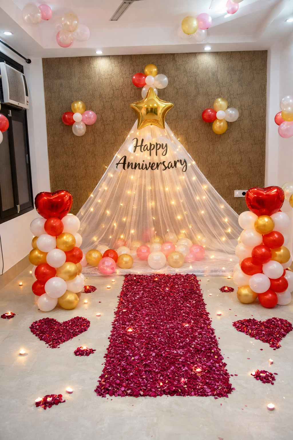 Romantic Red And Gold Anniversary Decoration With Balloon Pillars And Fairy Light Backdrop - anniversary room decoration by ARV Decor