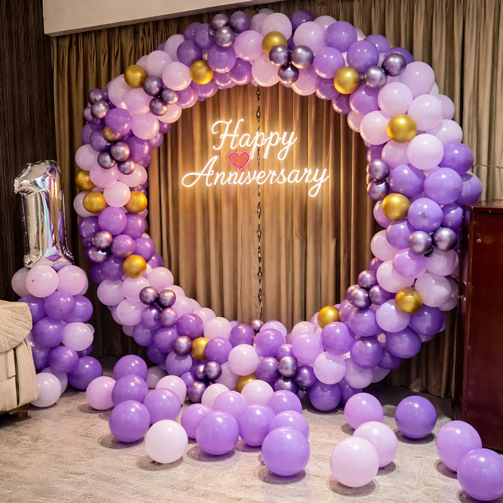 Purple And Gold Balloon Arch Anniversary Decor With Neon Sign - anniversary room decoration by ARV Decor