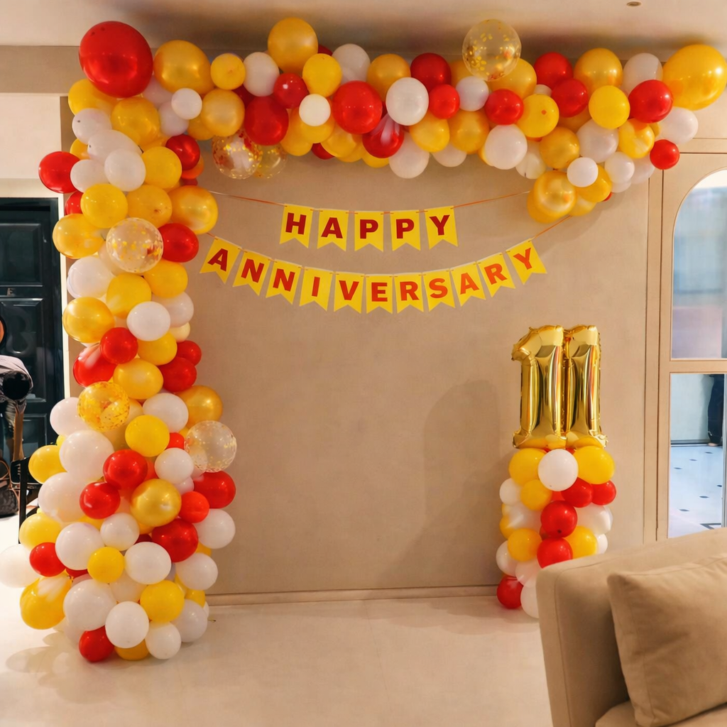 Red Yellow Balloon Arch Anniversary Decor With Happy Anniversary Banner - anniversary room decoration by ARV Decor