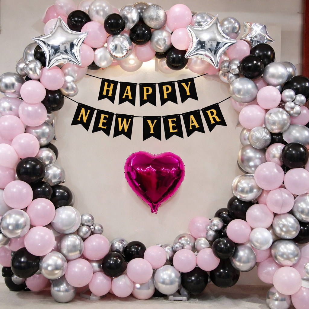 Modern Pink And Silver New Year Party Balloon Arch Backdrop - balloon and flower decoration by ARV Decor