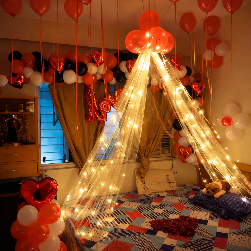 Romantic Red And White Anniversary Room Decor With Balloon Garland And Fairy Light Canopy - anniversary room decoration by ARV Decor