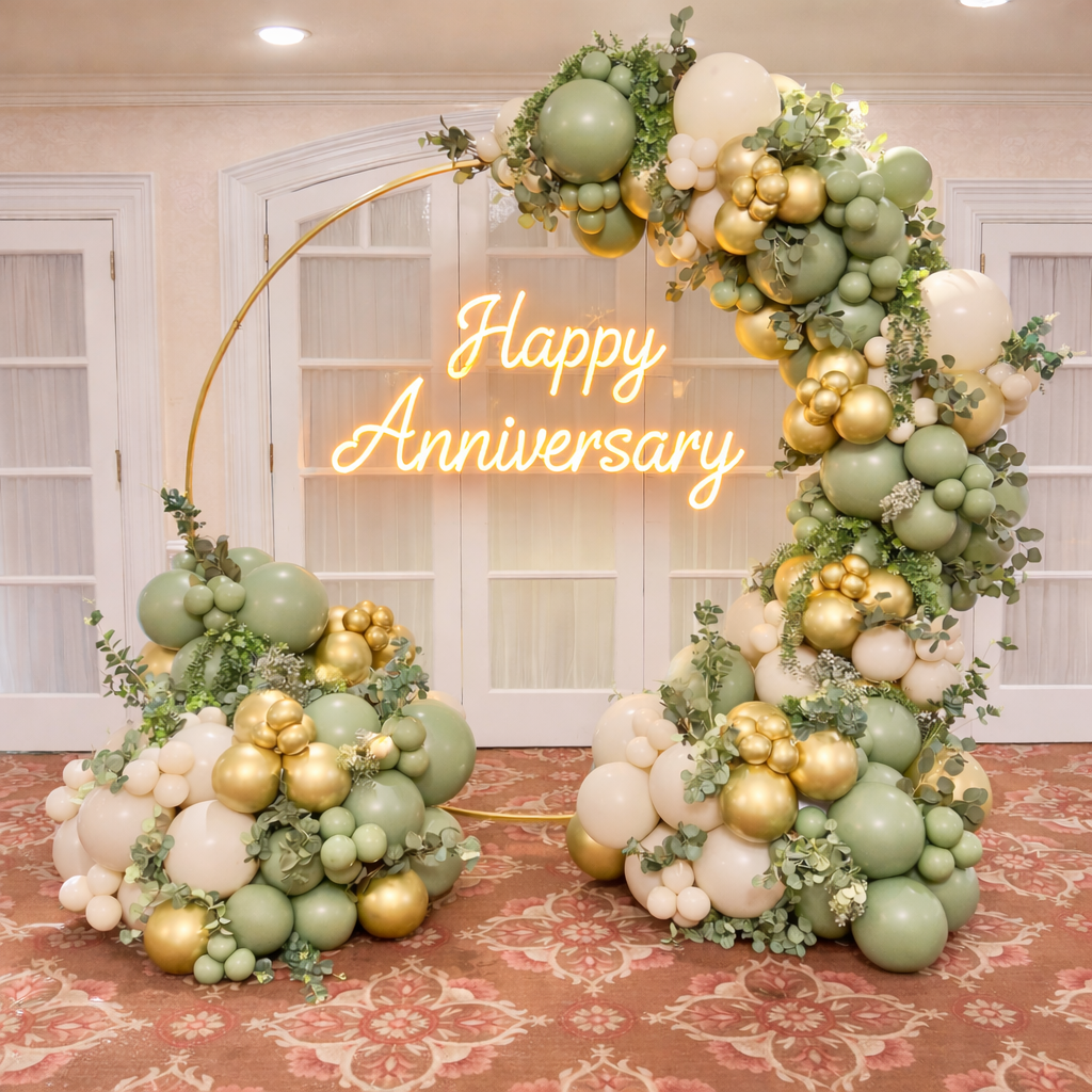 Elegant Sage Green And Gold Balloon Arch Anniversary Backdrop Decor - anniversary room decoration by ARV Decor
