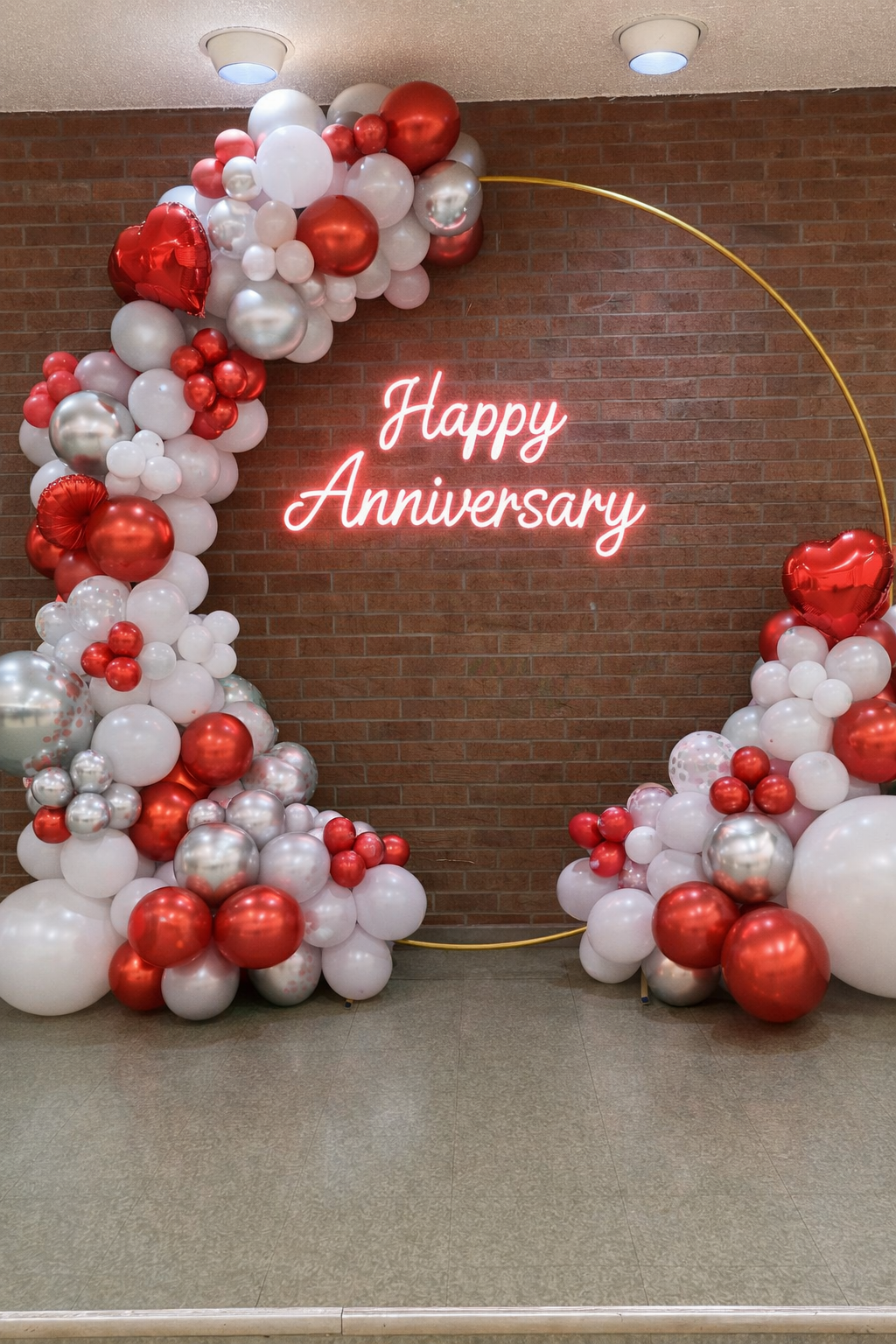 Red And White Balloon Arch Anniversary Decoration With Neon Sign - anniversary room decoration by ARV Decor