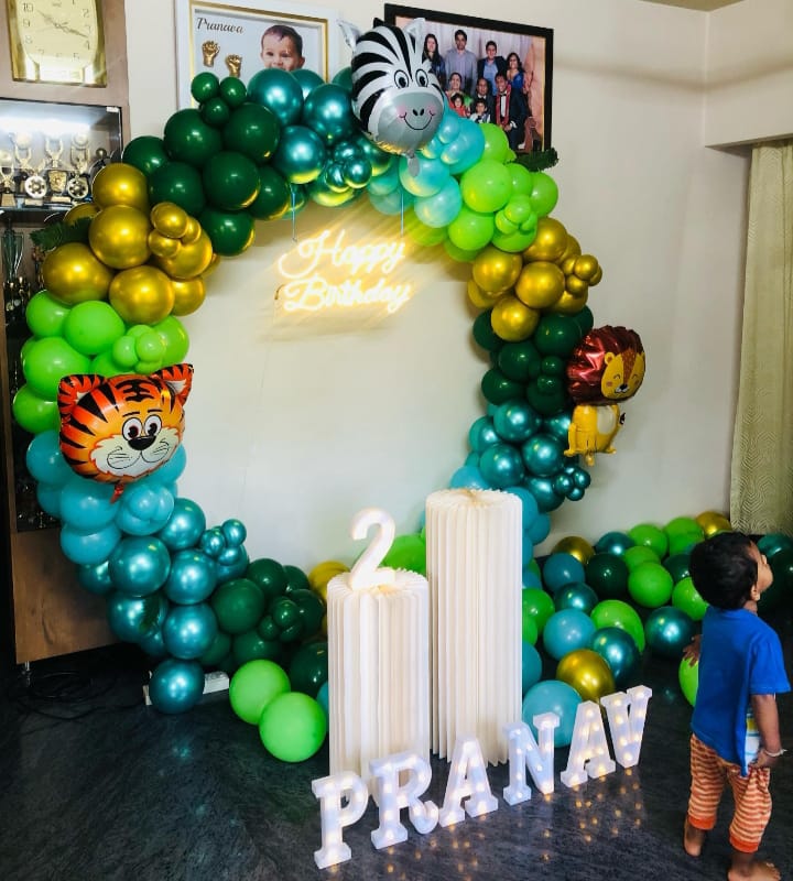 Kids Jungle Birthday Balloon Arch In Green Blue With Neon Sign And Animal Balloons - birthday decoration by ARV Decor