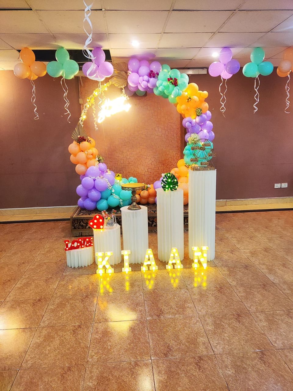 Kids Birthday Pastel Balloon Arch With Name Light Letters Decor - birthday decoration by ARV Decor