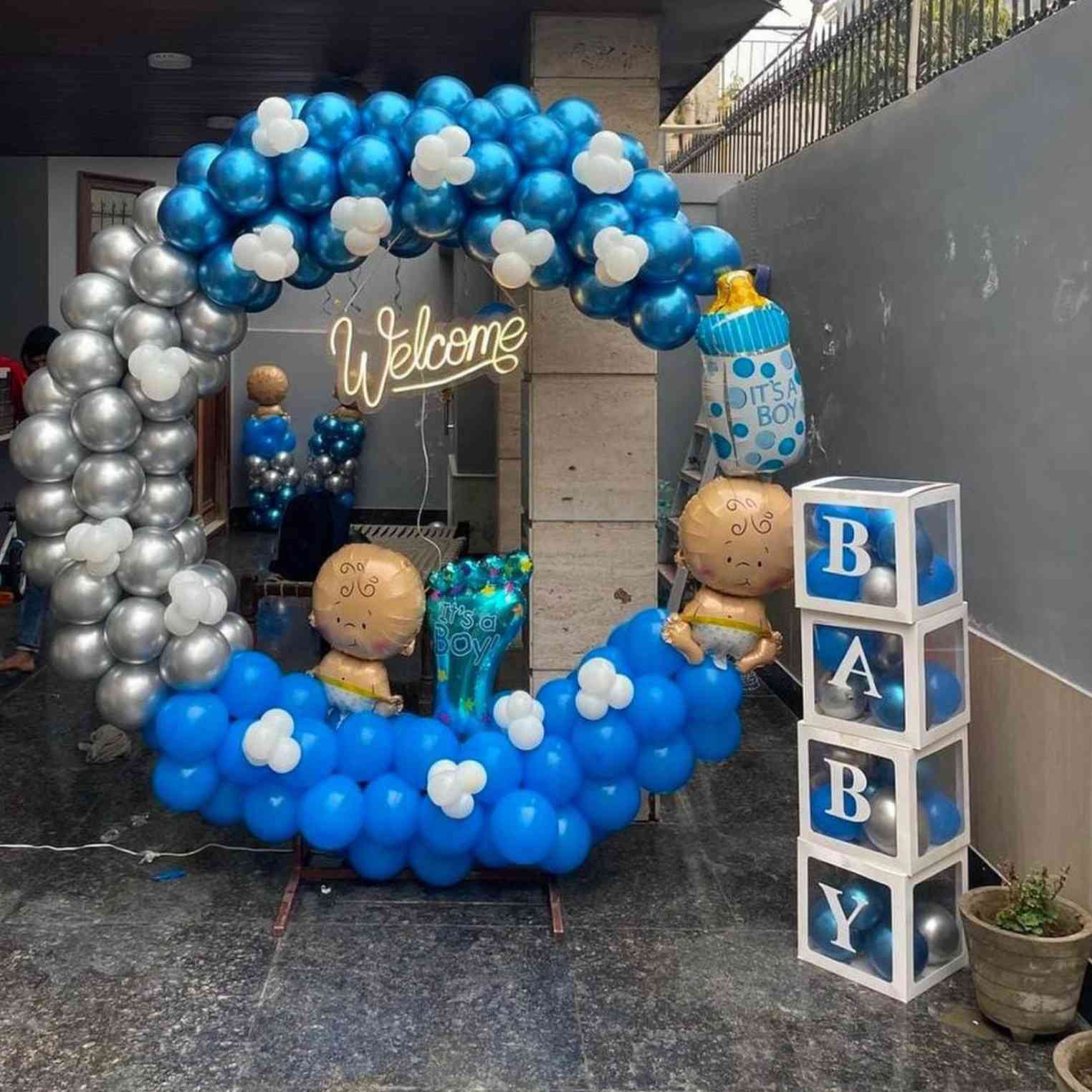 Welcome Baby Boy Blue And Silver Balloon Arch With Neon Sign For Baby Shower - welcome baby decoration by ARV Decor