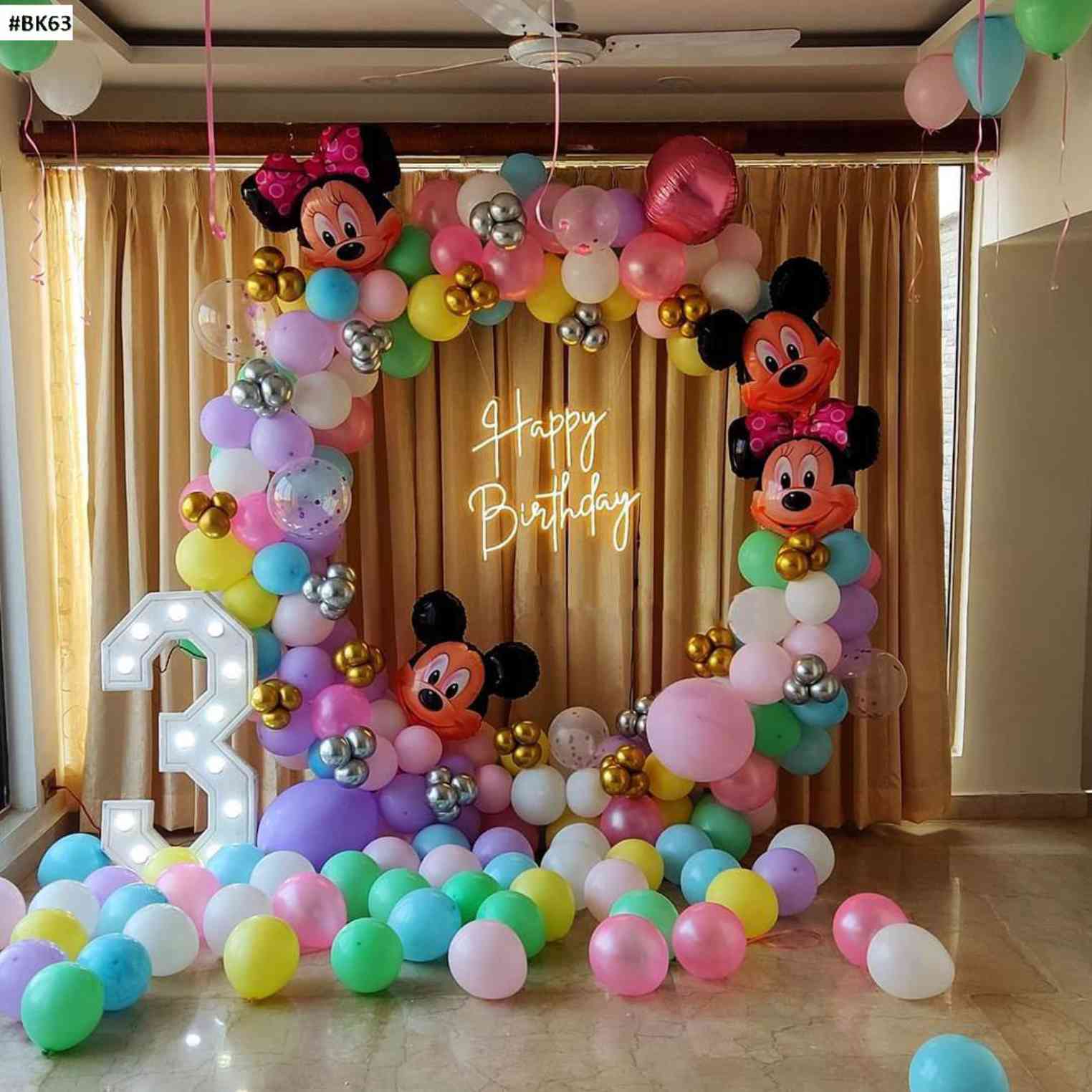 Kids Birthday Balloon Decor With Mickey Minnie Theme And Neon Sign - birthday decoration by ARV Decor