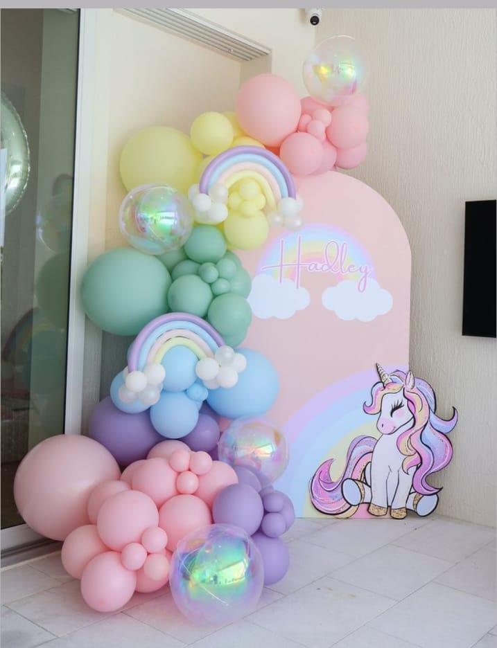 Pastel Unicorn Birthday Backdrop With Rainbow Balloon Arch For Girls - birthday decoration by ARV Decor
