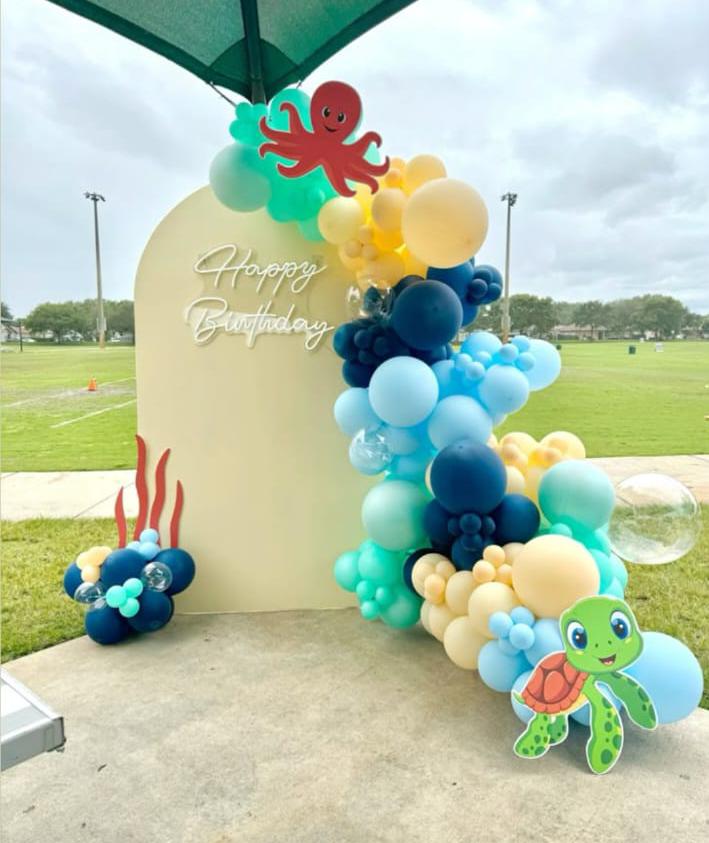 Under The Sea Kids Birthday Decor With Blue Balloon Arch And Cartoon Cutouts - birthday decoration by ARV Decor