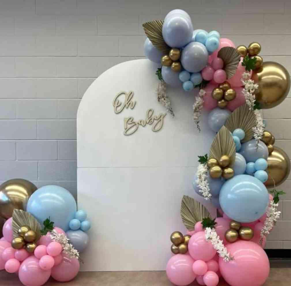 Modern Pastel Pink And Blue Baby Shower Decor With Balloon Garland And Gold Accents - welcome baby decoration by ARV Decor