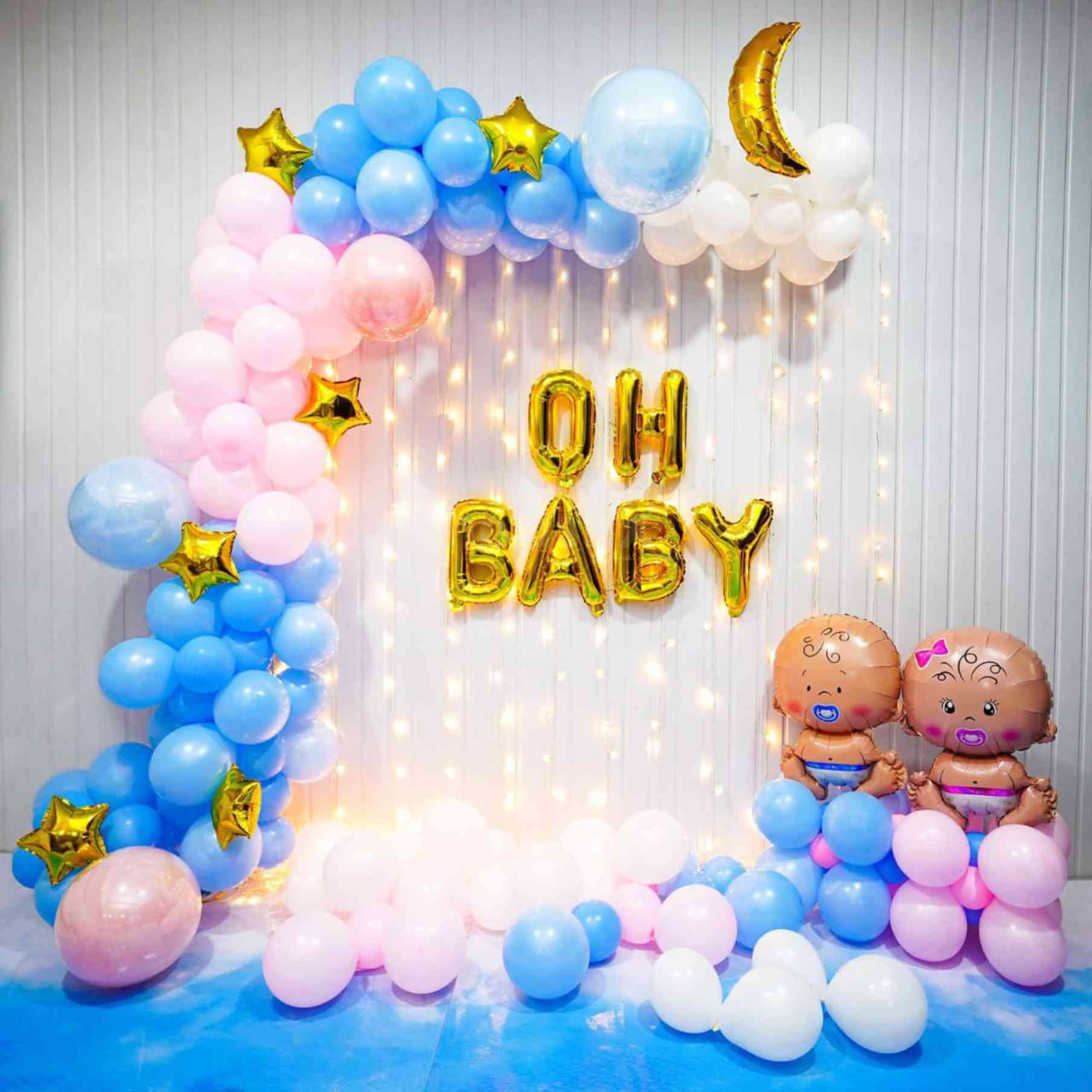 Baby Shower Blue Pink Balloon Arch With Gold Letters And Cartoon Baby Props - welcome baby decoration by ARV Decor
