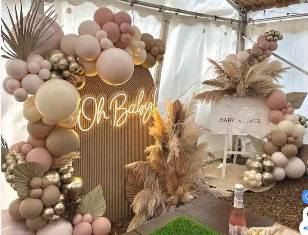 Modern Neutral Baby Shower Decor With Beige Gold Balloon Garland - welcome baby decoration by ARV Decor