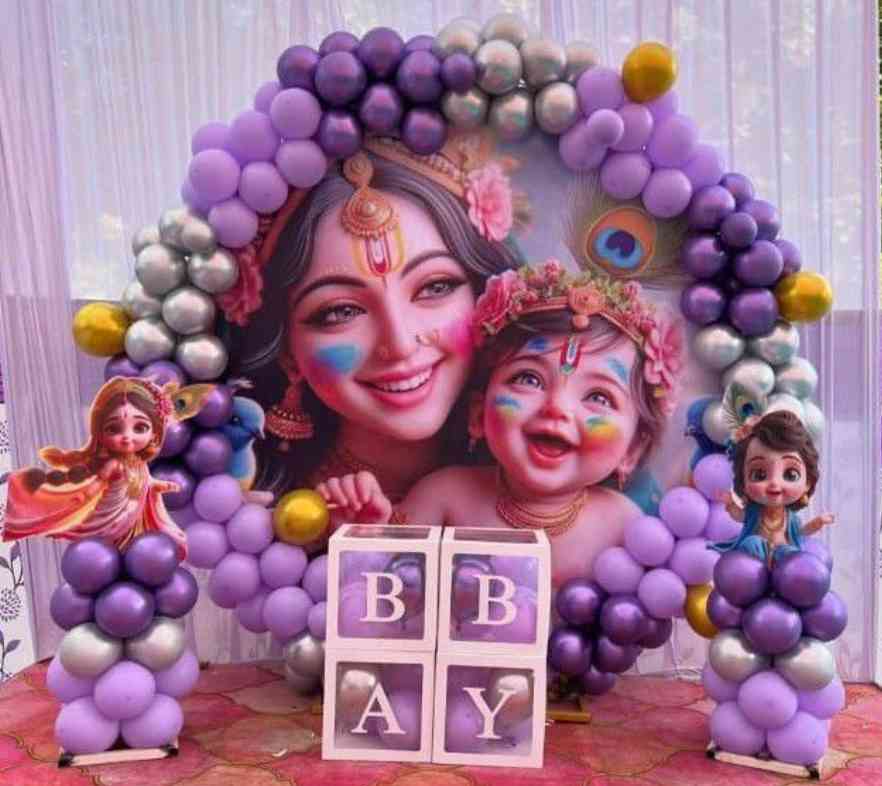 Baby Shower Purple Silver Balloon Arch With Krishna Theme Backdrop - welcome baby decoration by ARV Decor