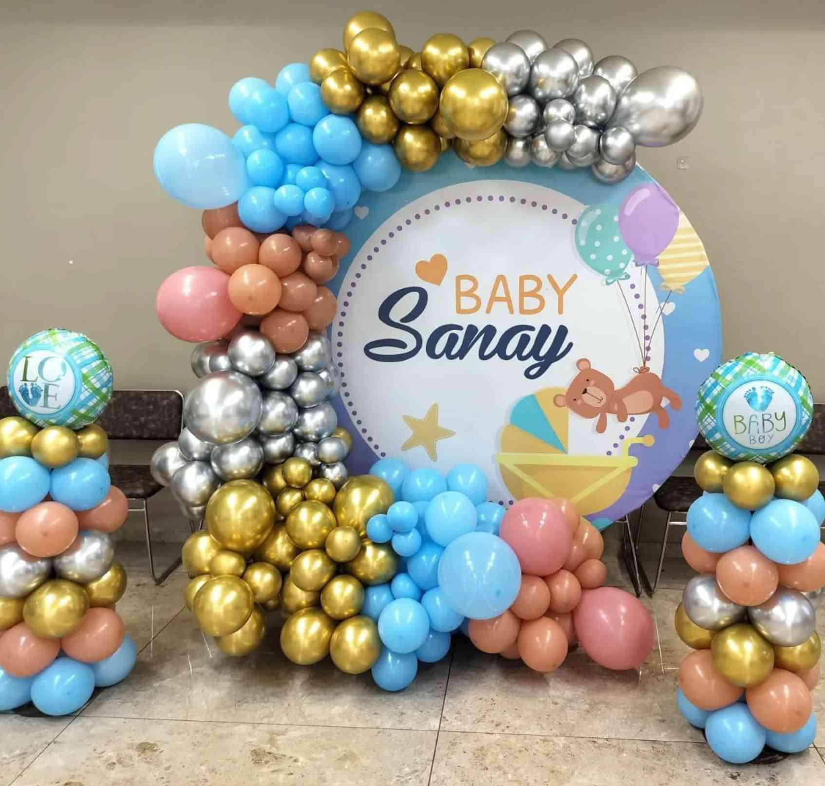 Baby Boy Welcome Decor With Blue And Gold Balloon Arch And Personalized Backdrop - welcome baby decoration by ARV Decor