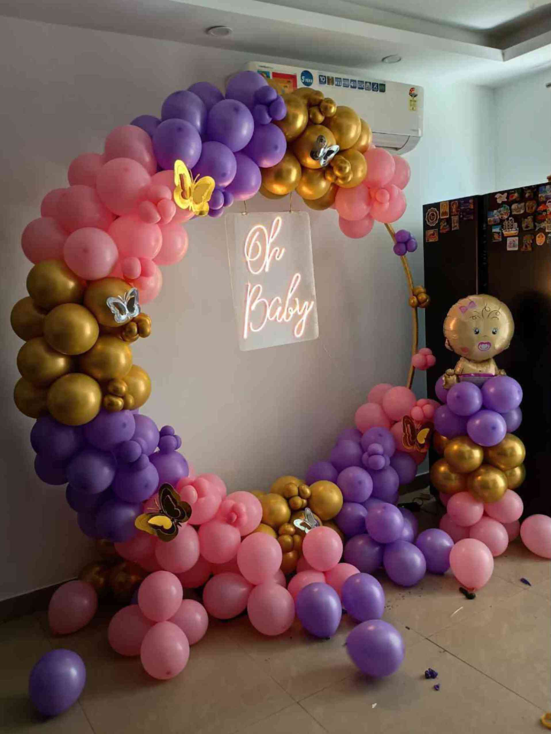 Oh Baby Welcome Baby Balloon Arch Decor in Pink, Purple and Gold with Neon Sign - welcome baby decoration by ARV Decor