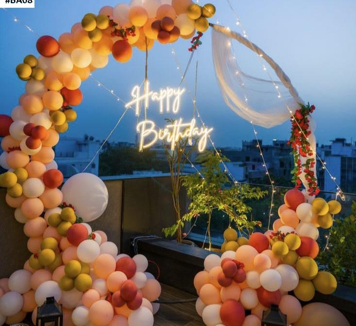 Modern Peach And Gold Birthday Balloon Arch With Neon Sign Decor - birthday decoration by ARV Decor