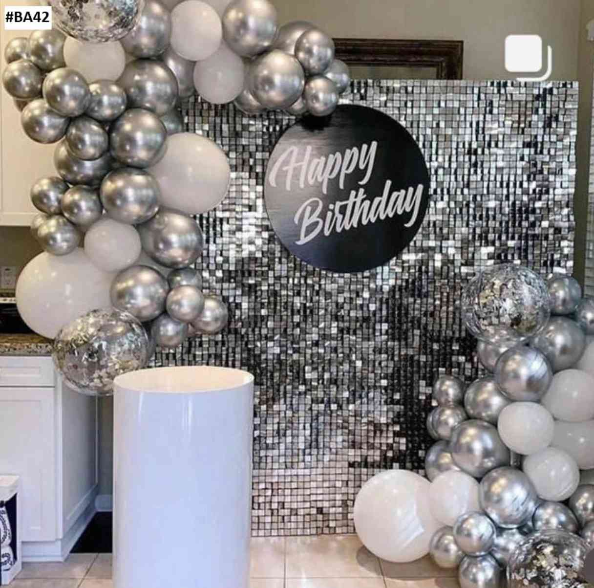 Silver And White Modern Birthday Decor With Balloon Arch And Sequin Backdrop - birthday decoration by ARV Decor