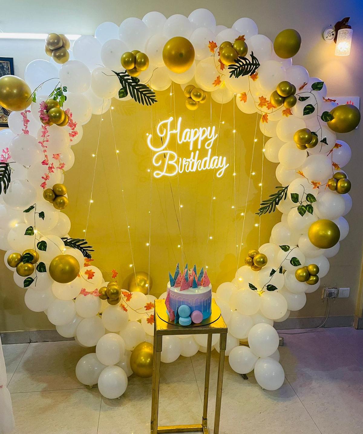 White And Gold Balloon Arch Birthday Backdrop With Neon Sign For Adult Celebration - birthday decoration by ARV Decor