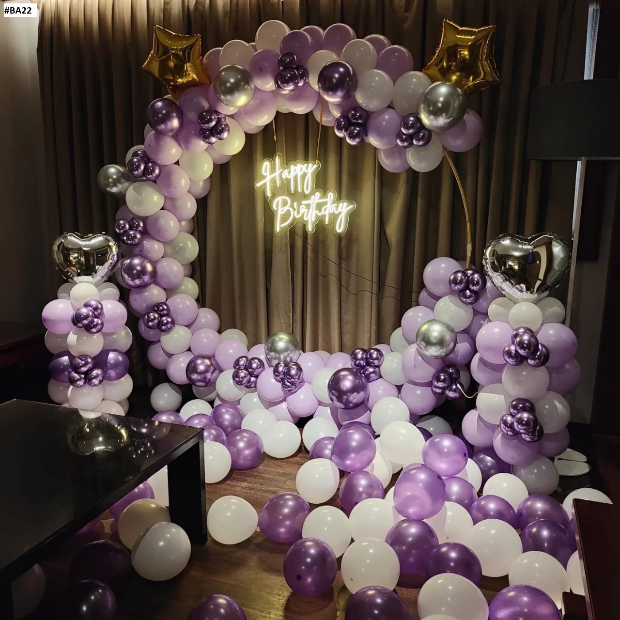 Purple And Silver Modern Balloon Arch Birthday Backdrop With Neon Sign - birthday decoration by ARV Decor